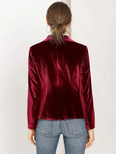 Vista 5 de Allegra K Abrigo de oficina de Navidad para mujer, cuello de chal sólido, chaqueta de terciopelo con 1 botón