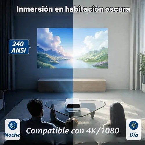 Vista 4 de Wielio Proyector inteligente 2026 Android TV con WiFi 6 y Bluetooth 5.0 integrado más de 1000 aplicaciones 240 ANSI portátil para dormitorio, mini