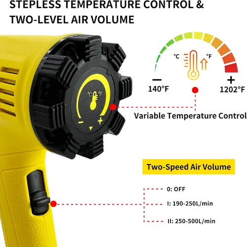 Vista 2 de Pistola de calor de 2000 W, temperatura variable de 140 °F a 1202 °F con 2 velocidades, kit de pistola de aire caliente resistente de calentamiento