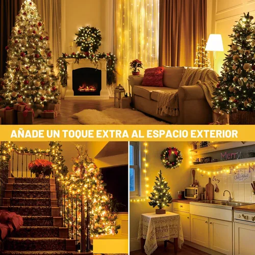 Vista 4 de Guirnalda de luces blancas cálidas de 33 pies, 100 luces LED impermeables en cable transparente, para interiores y exteriores, Navidad, boda, patio