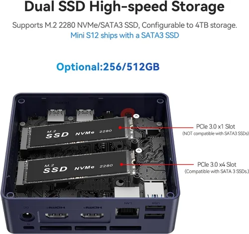 Vista 4 de Beelink - Mini PC, Mini Computadora Mini S12 12ª Generación Quad-Core N95, Computadoras de escritorio 12G LPDDR5 RAM 256G SSD, PC pequeño 4K UHD
