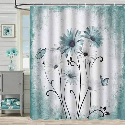 Vista 10 de Cortina de ducha floral de primavera, cortinas de ducha de plantas de flores silvestres para baño, cortina de baño de tela de poliéster impermeable
