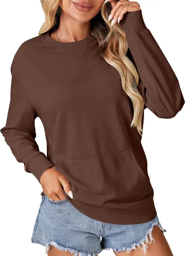 Vista 11 de OPOIPIN Suéter con bolsillo de manga larga y cuello redondo para mujer, estilo casual