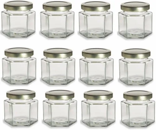 Vista 5 de Nakpunar 24 tarros hexagonales de vidrio de 1.5 oz con tapas negras - 1.5 fl oz