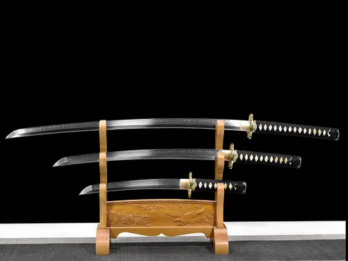 Vista 3 de Juego de espada samurái japonesa templada de arcilla funcional completa Katana Wakizashi Tanto Set 3 piezas puede cortar árbol