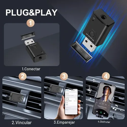 Vista 6 de Adaptador USB Bluetooth 5.4 para automóvil, receptor de música Bluetooth Plug & Play, kit de conector auxiliar de 0.138 in para automóvil, micrófono