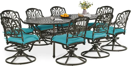Vista 27 de Juego de comedor de patio de 9 piezas, mesa y sillas de patio al aire libre, mesa de comedor ovalada de aluminio fundido de 84 pulgadas con agujero