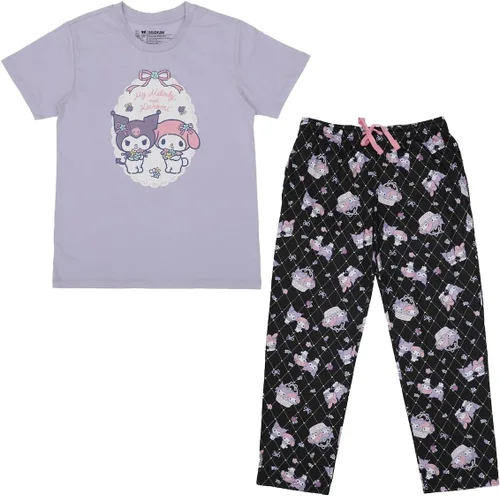 Vista 6 de Bioworld Kuromi & My Melody - Conjunto de ropa de dormir lavanda para mujer