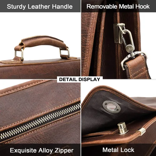 Vista 6 de CONTACTS Bolsa de mensajero para hombre, grande, de 15.4 pulgadas, maletín de cuero de caballo loco, bolsa para laptop, bolso cruzado vintage