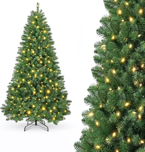 Vista 10 de Árbol de Navidad artificial preiluminado de 6 pies, color blanco 300 luces LED blancas, 726 puntas de PVC, soporte de metal, fácil montaje