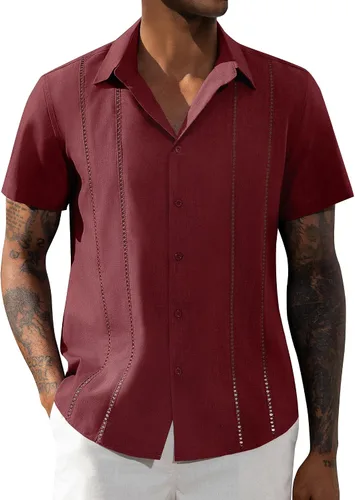 Vista 13 de Camisa de manga corta de lino para hombre de DEMEANOR, camisa guayabera cubana con botones, camisa casual de verano para la playa, la vacación