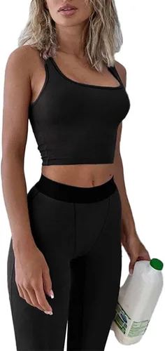 Vista 3 de ZFLM Conjuntos de entrenamiento casuales de dos piezas para mujer, camiseta sin mangas acanalada, cintura alta, leggings de yoga para uso activo