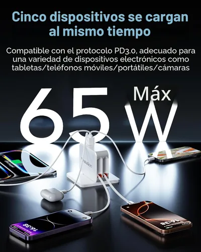 Vista 5 de Cargador de 65 W para MacBook Pro, enchufe de cargador de pared retráctil 5 Blanco