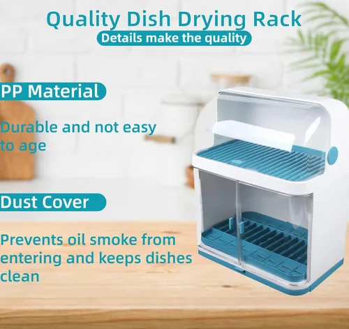 Vista 2 de Estante de secado de platos de 2 niveles con escurridor y cubierta, material de polipropileno desmontable, gran capacidad, vertical, grueso, 180°
