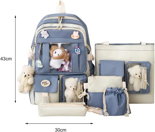 Vista 7 de Mochila Kawaii con colgantes y alfileres Kawaii, juego de 5 piezas, mochila kawaii para adolescentes y niñas, mochila escolar, Azul, Mochilas
