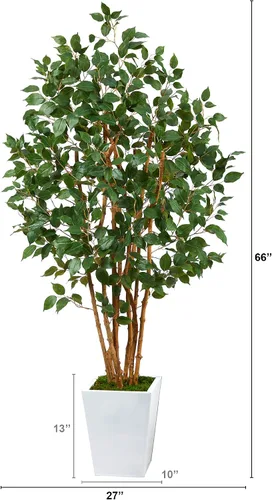 Vista 2 de Nearly Natural Árbol artificial ficus tupido de 5.5 pies en maceta de metal blanco