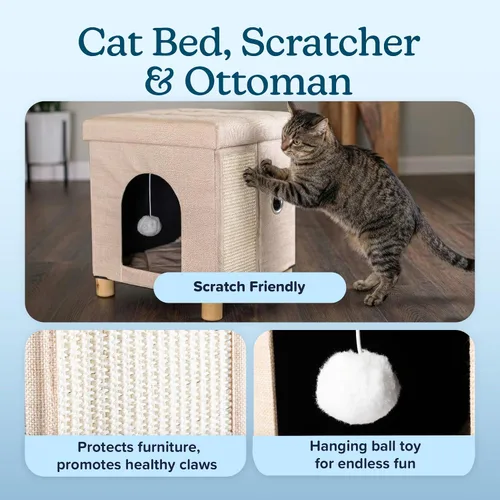 Vista 4 de PETMAKER Reposapiés otomano de casa para gatos para interiores, beige, 15 x