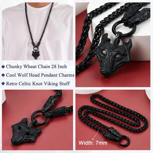 Vista 3 de FaithHeart Collar grueso de collar vikingo nórdico punk, de acero inoxidable, nudo celta, cabeza de lobo, amuleto, joyería de regalo