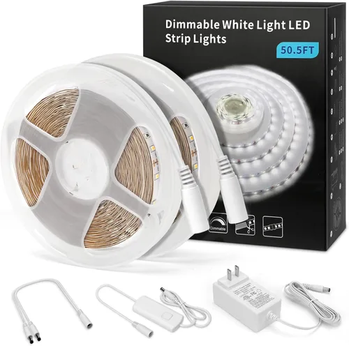 Vista 12 de MYPLUS - Tira de luces LED de color blanco, 16.4 pies, luz diurna blanca de 6000 K, cinta de luces LED con 700 lúmenes regulables y 300 LEDs, tira