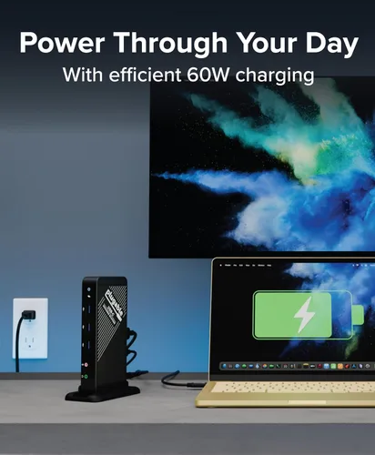 Vista 4 de Plugable Base USB-C con HDMI 4K y carga de 60 W, compatible con MacBook Neo, Thunderbolt 3/4, USB 4 y USB-C macOS, Windows y Chromebook, Ethernet
