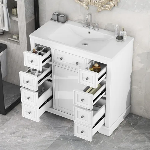 Vista 10 de Combinación de tocador de baño de 30 pulgadas con lavabo, armario de baño multifuncional con puertas y cajón, marco sólido y tablero de MDF