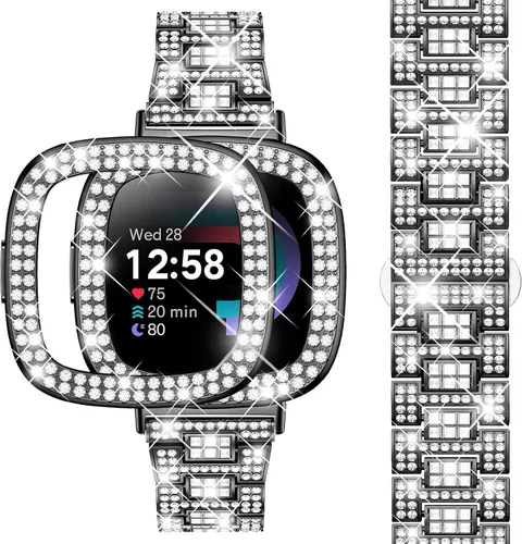 Vista 13 de Dsytom Bling Banda de Reloj Elegante Compatible con Fitbit Versa 4, Sense 2, Versa 3, Sense - Correa Linda con Funda Protectora de Rinstone