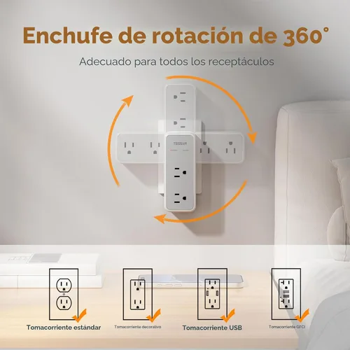 Vista 2 de TESSAN Extensor de salida protector contra sobretensiones 1800J con enchufe Gris