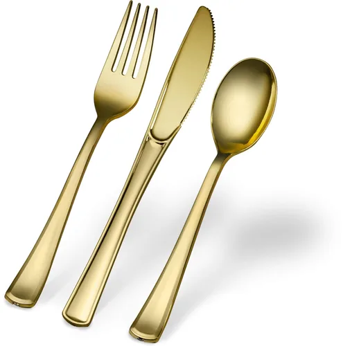 Vista 7 de Plasticpro Tenedores desechables de plástico dorado resistente, cubiertos de plástico elegantes que parecen cubiertos de oro real, utensilios