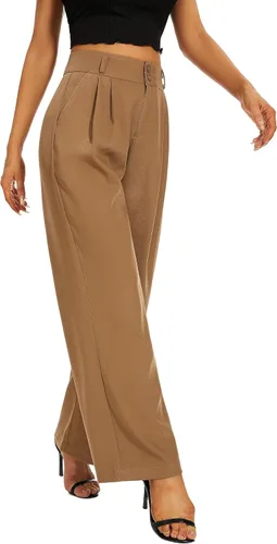 Vista 5 de FUNYYZO Pantalones de vestir de pierna ancha de cintura alta para mujer, plisados, cintura ancha, cintura elástica, pantalones casuales