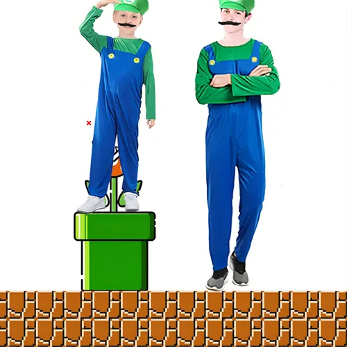 Vista 2 de PUVKVE Disfraz de Super Brothers, disfraz de Halloween para adultos, niños, fontanero, cosplay, overoles con accesorio