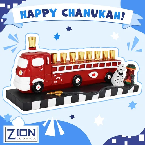 Vista 4 de Menorá coleccionable de camión de bomberos 3D con perro de fuego dálmata esculpido e hidrent Hanukkiah se adapta a velas estándar de Hanukkah