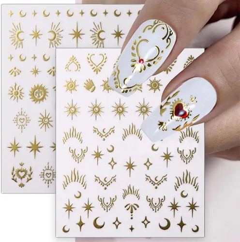 Vista 6 de 12pcs Aurora Plata Estrella Luna Nail Art Pegatinas 3D para las Mujeres Oro Rosa Sol Corazón Calcomanías de Diseño Láser Suministros