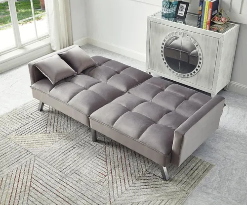 Vista 6 de Legend Vansen Futón convertible de terciopelo de 80 pulgadas, dos almohadas, sofá cama con 3 respaldos ajustables, sofá cama, área grande para Gris
