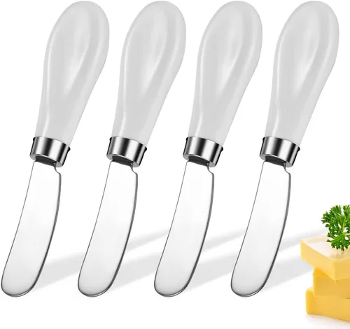 Vista 9 de AISBUGUR Paquete de 2 cuchillos esparcidores de mantequilla de acero inoxidable, cuchillo de mantequilla con mango de porcelana blanca, cuchillos
