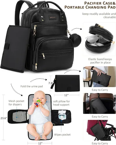 Vista 5 de ROSEGIN Mochila para pañales de cuero vegano de alta calidad con cambiador impermeable, cremalleras reforzadas y sin olor, organizador profesional