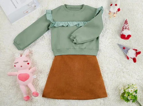 Vista 5 de Sudaderas casuales de cuello redondo para niñas, con volantes, manga larga, lindo color sólido