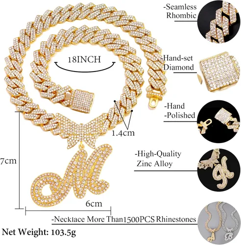 Vista 7 de Cuban Link Chain for Women Cursive Silver Initial 14MM Diamond Prong Cuban Chain Hip Hop Iced Out Chain Necklace Butterfly Initial Letter Name