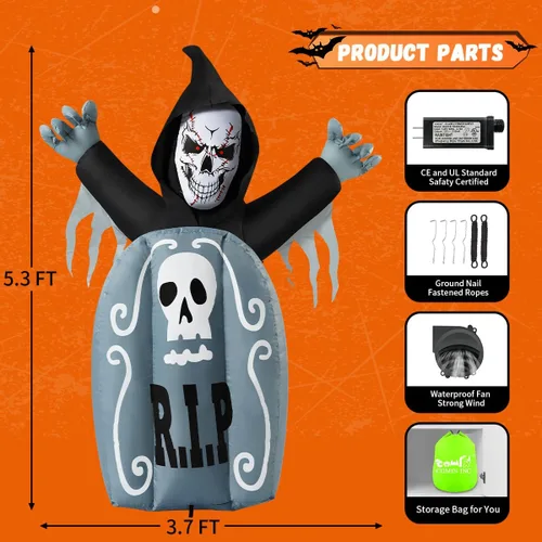 Vista 6 de COMIN Inflables de Halloween de 5.3 pies con lápida fantasma para decoración al aire libre, inflables de Halloween con luz LED incorporada