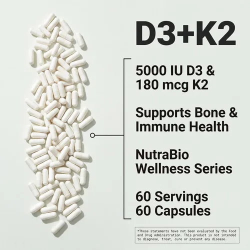 Vista 6 de NutraBio Vitamina D3 K2 5000 UI D3 como colecalciferol con vitamina K2 como MENA-Q MK7 (180 mcg) Apoya la salud ósea y cardíaca Sin OMG, sin