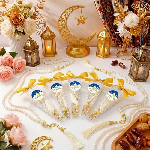 Vista 7 de Yinkin 12 juegos de cuentas de oración musulmana, regalos de fiesta islámica Eid con calcomanías, caja de lazos, festival musulmán, rosario, joyería