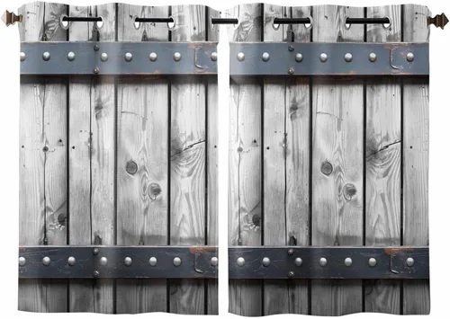 Vista 8 de Cortinas de ventana con ojales, cortinas de cocina, puerta de granero rústica con textura de grano de madera, 2 paneles de cortinas de tratamiento