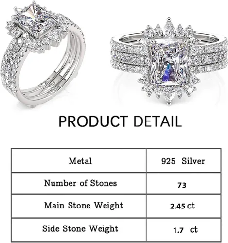 Vista 2 de Jeulia Juego de 2 anillos de compromiso vintage de plata de ley con halo irregular radiante para mujer, con caja de regalo