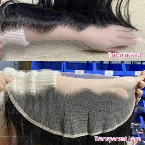 Vista 4 de Barato brasileño recto 100% cabello humano cierre HD transparente encaje frontal pre arrancado con pelo de bebé 13x4 oreja a oreja cierre frontal