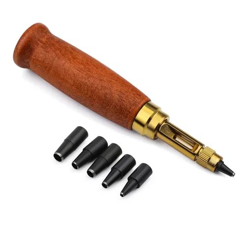 Vista 8 de Mnuizu Perforadora japonesa ajustable, 6 tamaños de punta perforadora de cuero ajustable, mango de madera, agujero para cinturón, herramienta