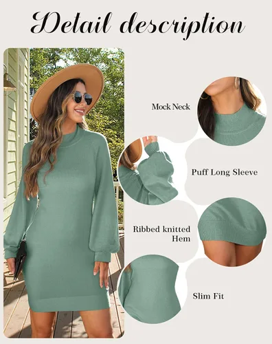 Vista 6 de GRECERELLE Women's Mock Neck Ribbed Long Sleeve Bodycon Pullover Cute Mini Sweater Dress
