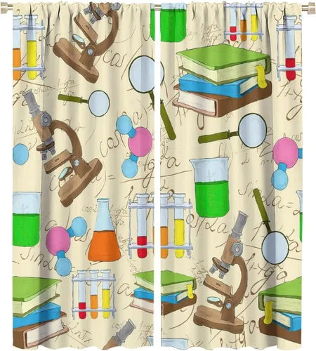 Vista 66 de Cortinas opacas para ventanas de ciencia para niños, lupa de libro de laboratorio de ciencia, lupa, frascos moleculares, cortinas impresas