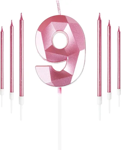 Vista 120 de Vela rosa de cumpleaños número 1 con 6 velas largas, decoraciones de decoración de pastel para fiesta de niña de 1 año, suministros de celebración