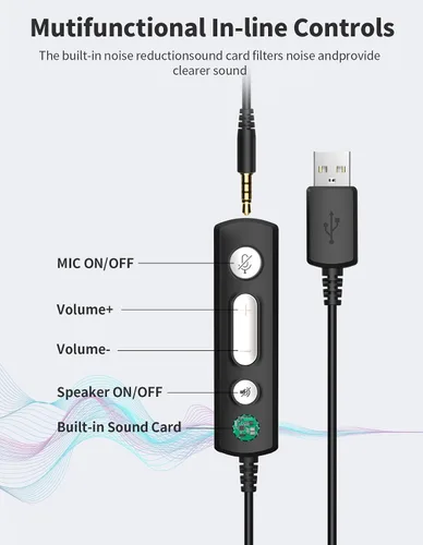 Vista 5 de Auriculares con cable con micrófono para PC, computadora portátil, auriculares USB con micrófono de cancelación de ruido, control en línea