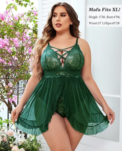 Vista 3 de Avidlove Lencería de talla grande para mujer, sexy, babydoll con entrepierna a presión, camisola de encaje, con volantes, talla L 4XL