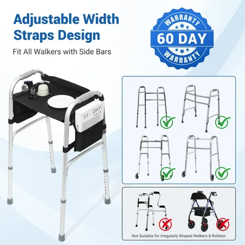 Vista 6 de Bandeja para andadores para personas mayores con portavasos – Accesorios para andadores 【con bolsillos, portavasos y alfombrilla antideslizante